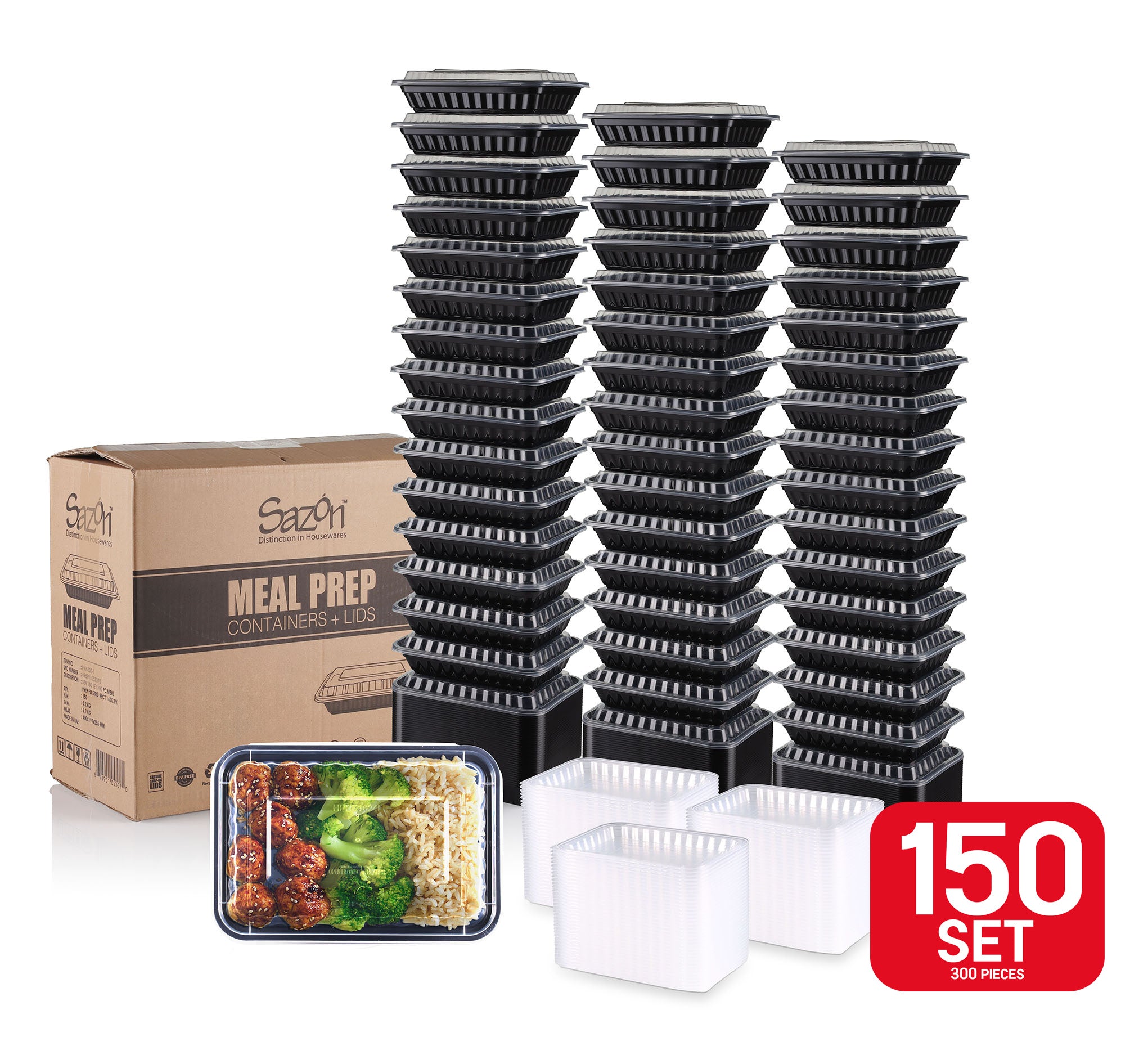 Sazon 16 oz Rectangular Meal Prep Containers 150 Set , Reusable, Stackable, Microwave/Dishwasher/Freezer Safe, BPA Free