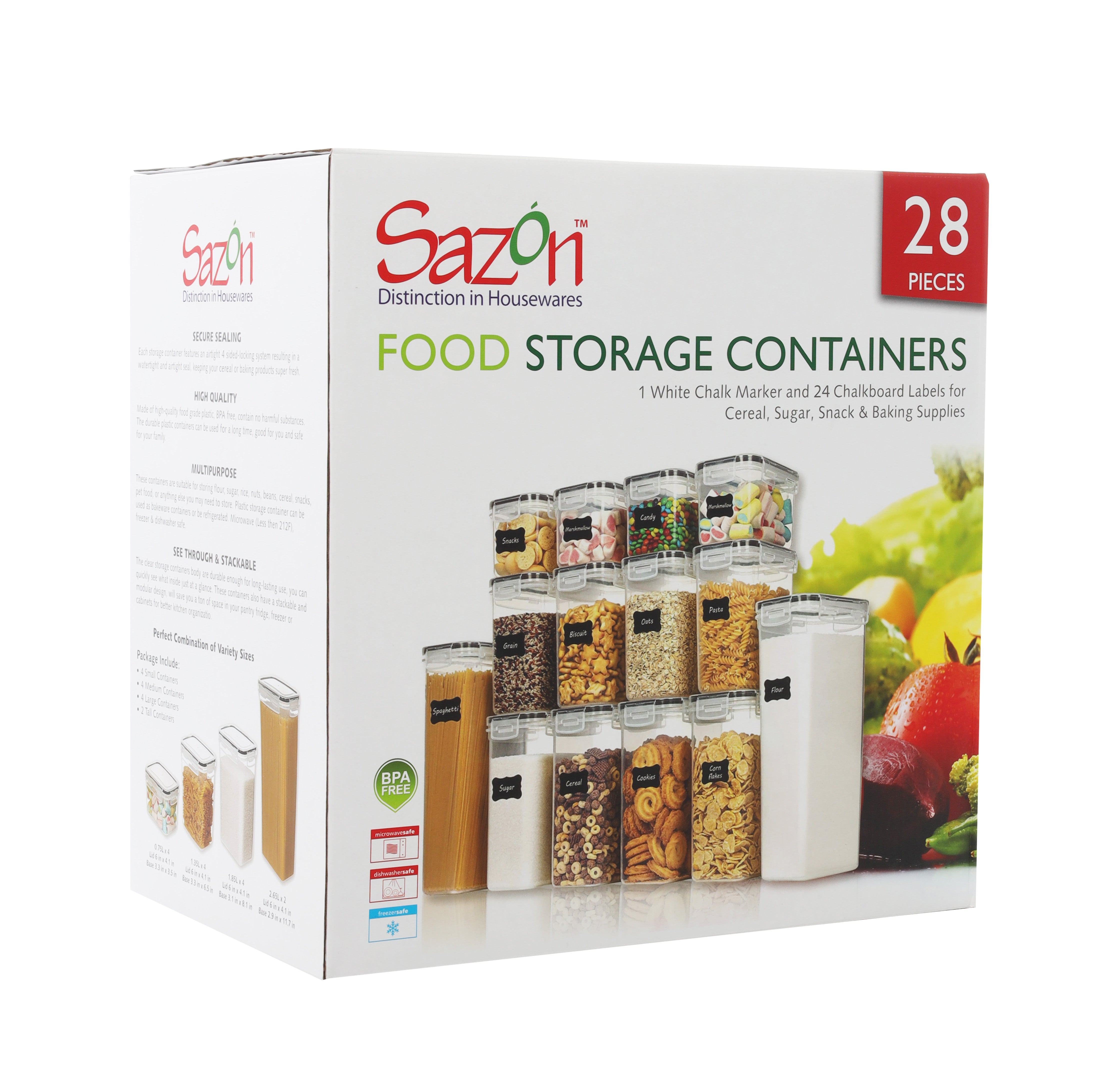 Sazon 28 Piece Food Storage Containers with Chalk Pen and Labels